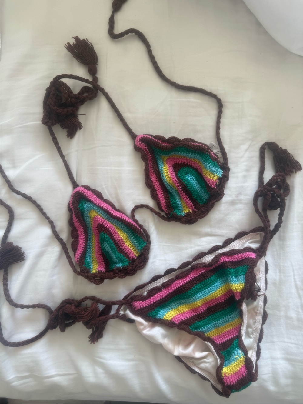 Crochet Rainbow Stripe Bikini Set with Brown Trim - Multicolor